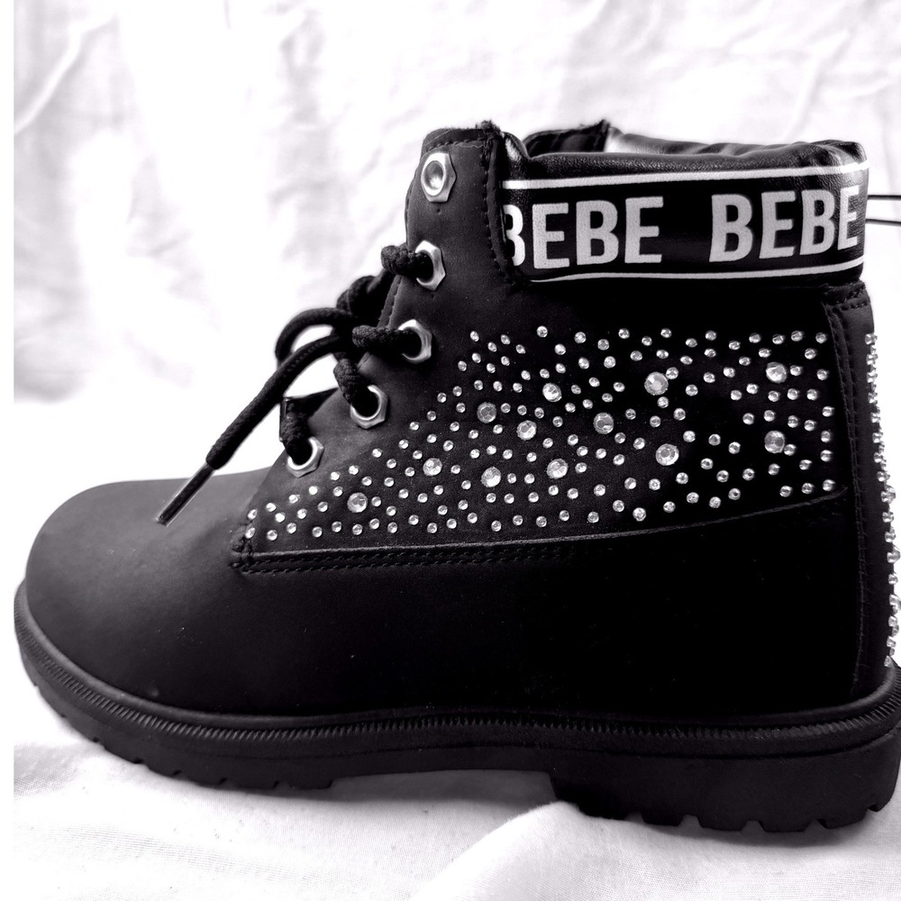 NEW‎ Bebe Girls Black Rhinestone Combat Boots Ankle Booties Girls Sz 1 Glam Rock